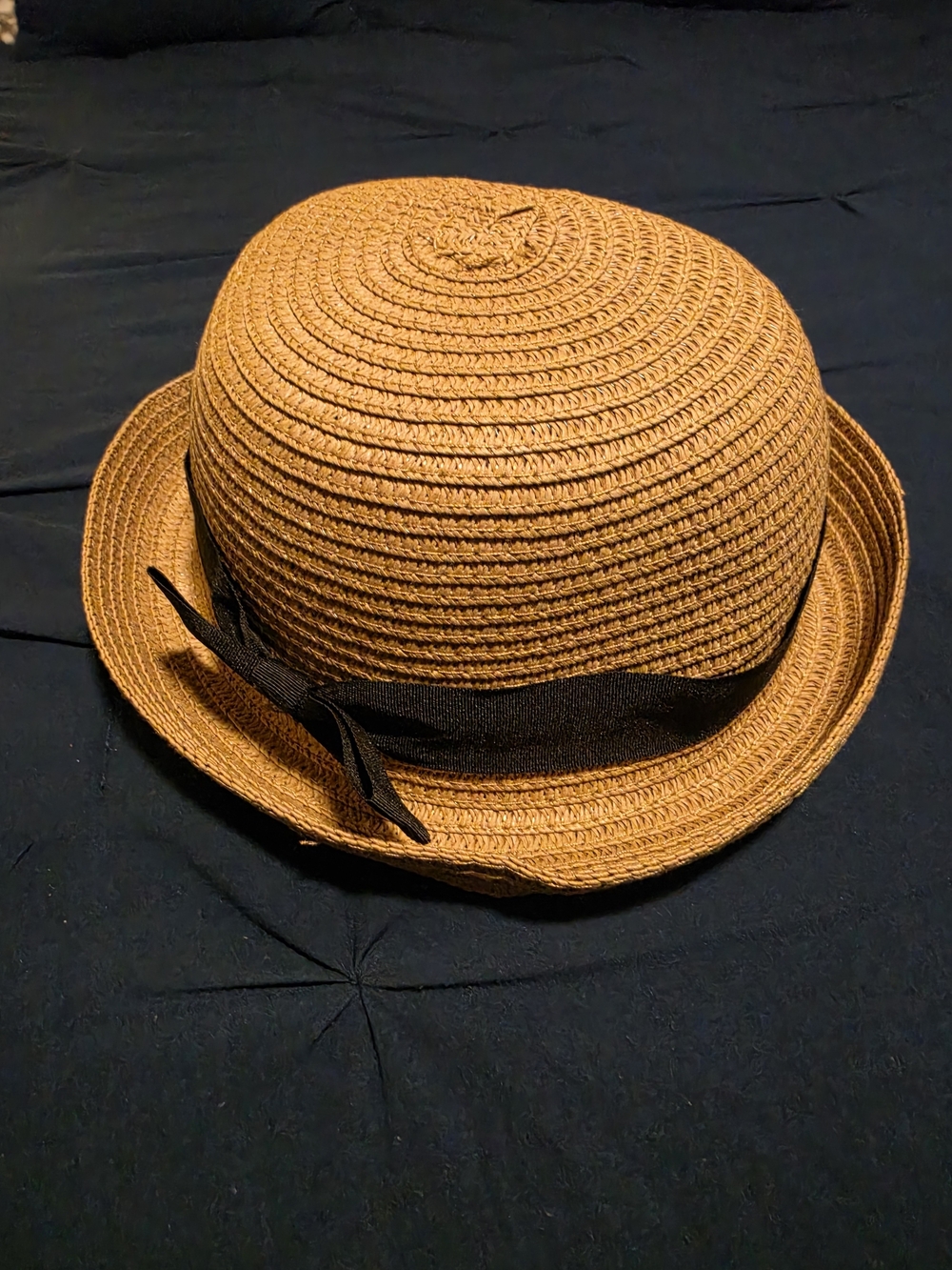 Women's Brown Straw Bowler Hat with Black Band